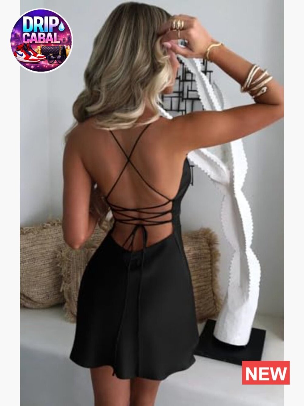 Women's Satin Square Neckline Mini Cocktail Dress Backless Lace-Up Sleeveless - Picture 3 of 7